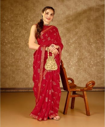 Women's Zomto Patta Chiffon Saree with Unstitched Blouse (Red, 5-6 Mtrs)