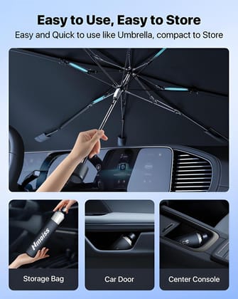 Heavy Duty Car Sun Shade Windshield Foldable Umbrella | Front Window Sunshade with Heat Insulation & UV Protection | Foldable Full Cover Windshield Sun Protector Fit for Most Cars (Black)