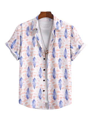 "Floral Radiance: Blue Leaf Pattern Shirt in Pink by Glamastitch"-S