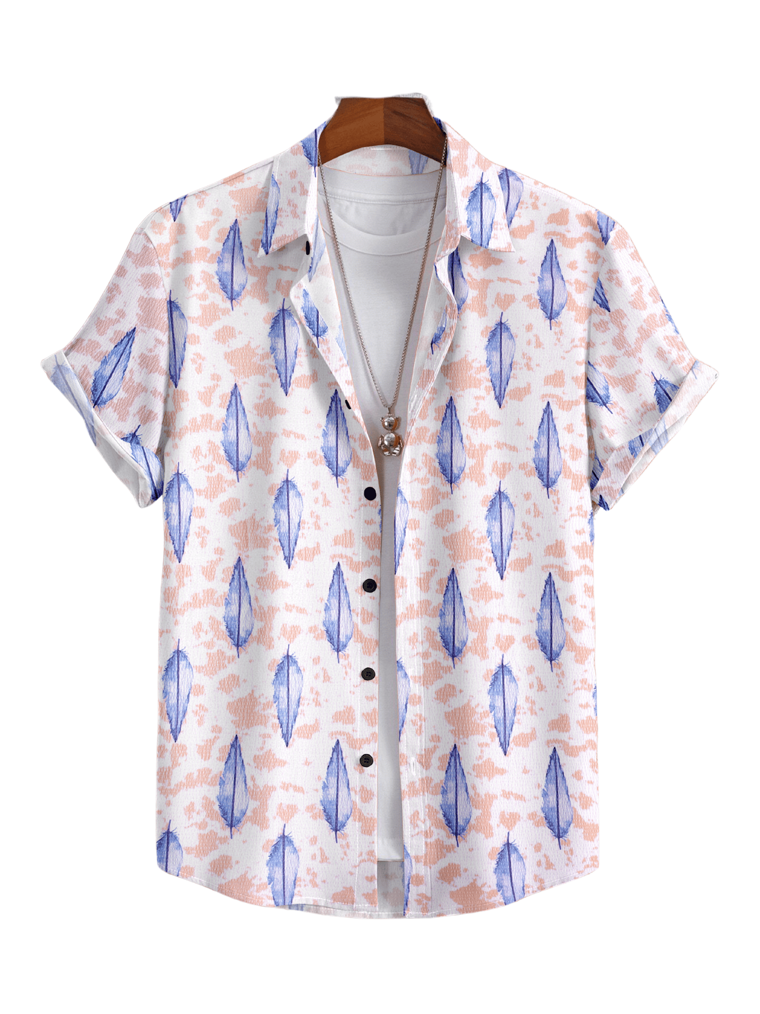 "Floral Radiance: Blue Leaf Pattern Shirt in Pink by Glamastitch"-S