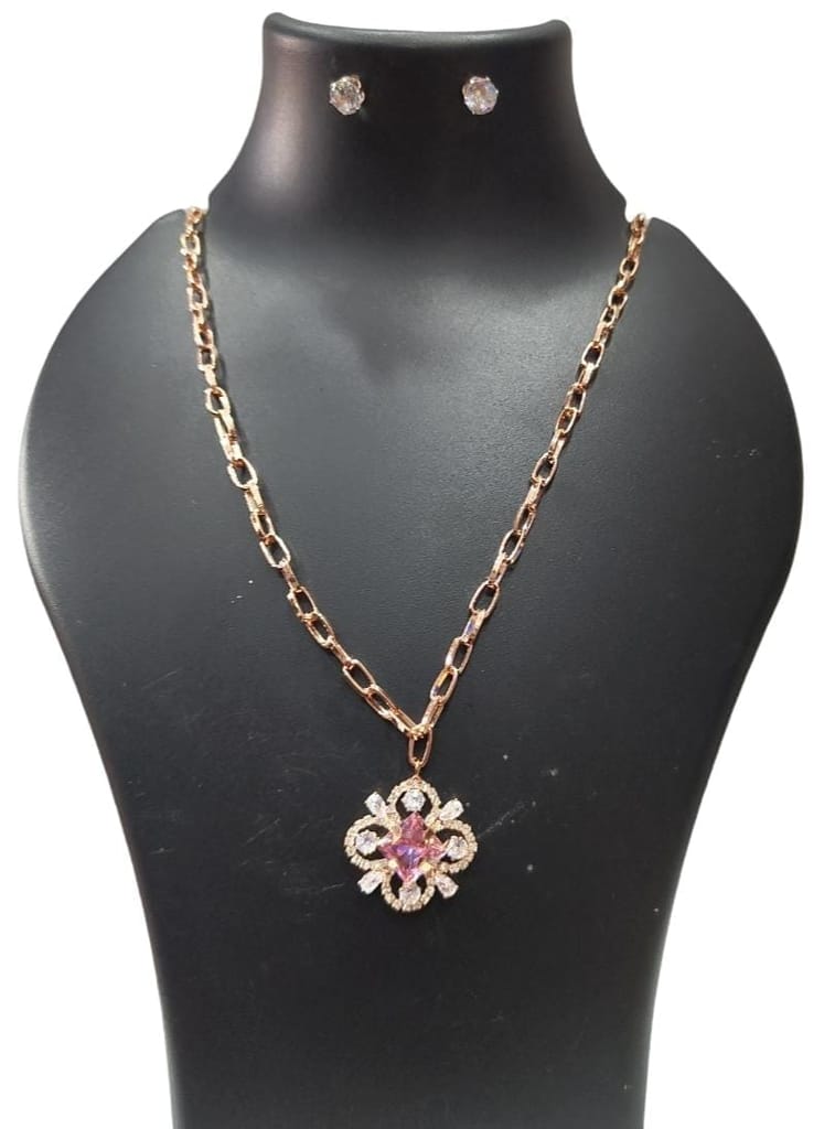 Rose Gold Plated Floral Pendant Set with Chain and Earrings for Women