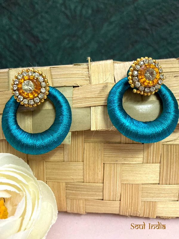 Handmade Silk Thread Beaded Jhumka- Blue