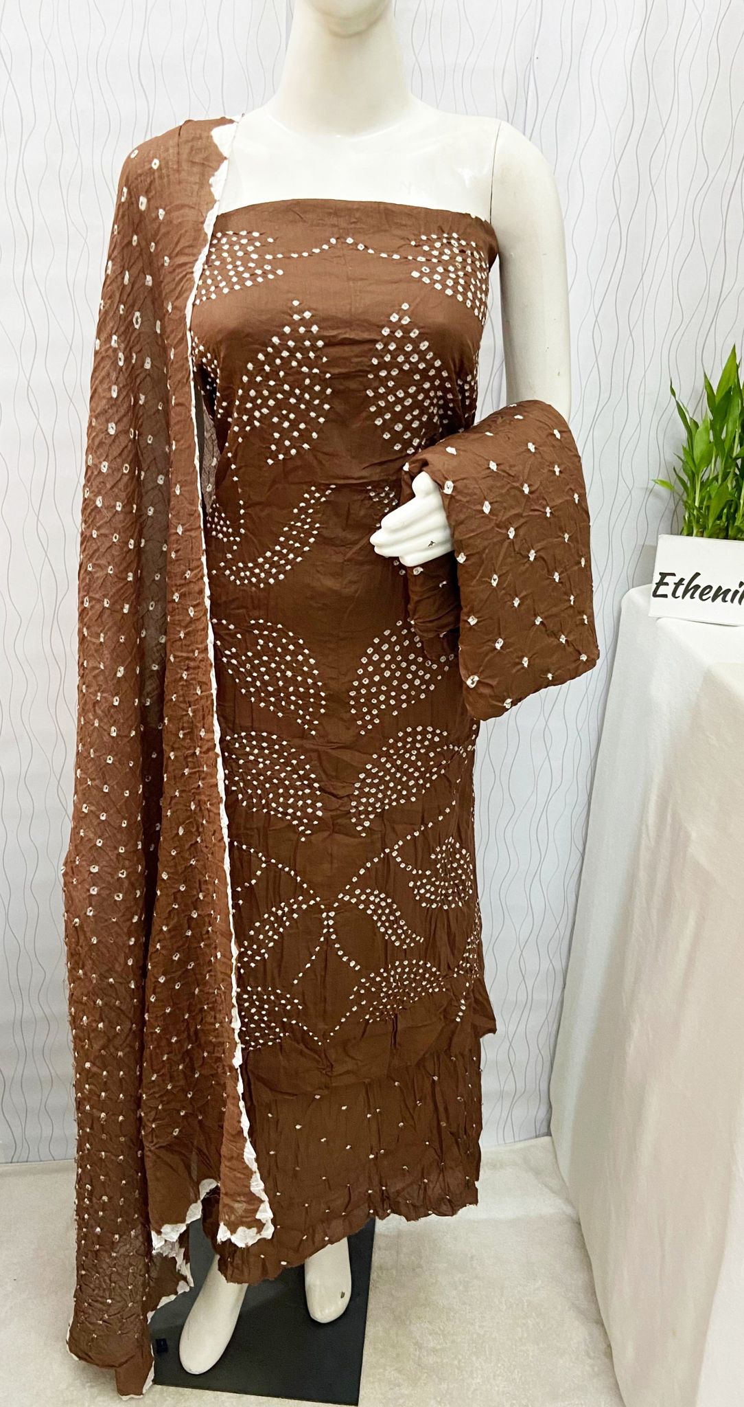 Kutch Hand crafted Self Bandhani Salwar Material-Brown