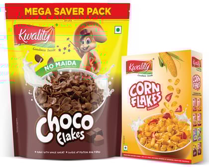 Kwality Choco Flakes 1Kg Pouch & Corn Flakes 375g box