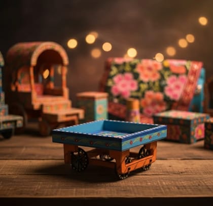 Icrafts Handmade Wooden Cart Thela Traditional Home Decor Showpiece 17.78 x 17.78 x 10.16 cm