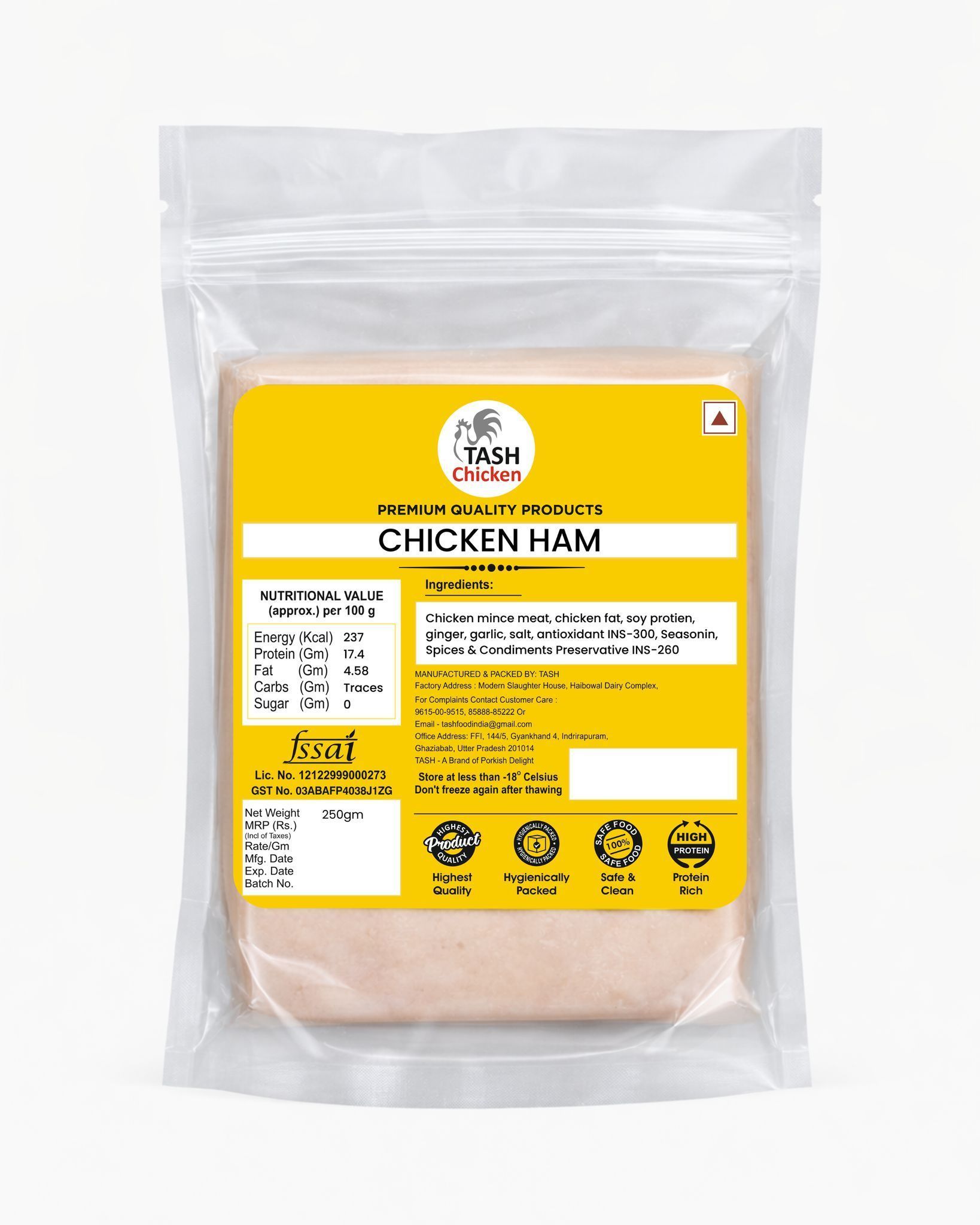 TASH Premium Chicken Ham – 250g | Lean, High-Protein Gourmet Cold Cuts | Ready-to-Eat Sliced Chicken for Sandwiches, Salads & Keto Diets | Low Fat & Freshly Sourced