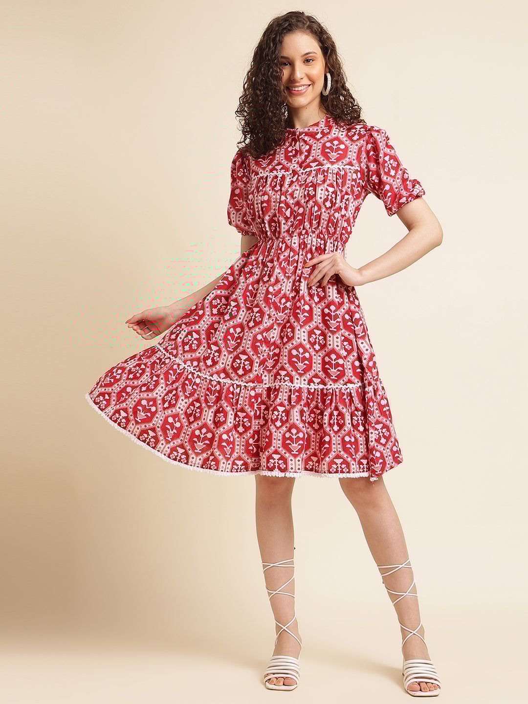 Red Motifs Printed Ethnic Dress-S