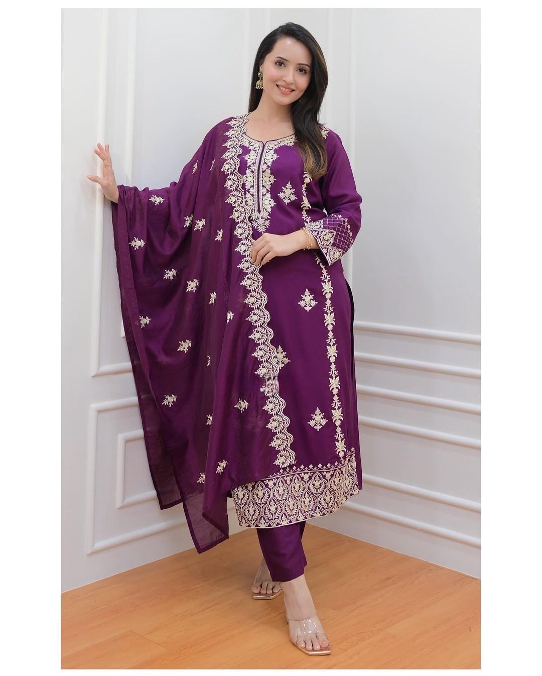 Marron kurta sets embroidery work with Dupatta & palzzo-M (38)