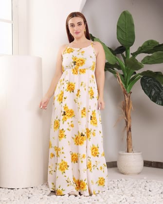 White & Yellow Floral Printed Maxi Dress-L / White