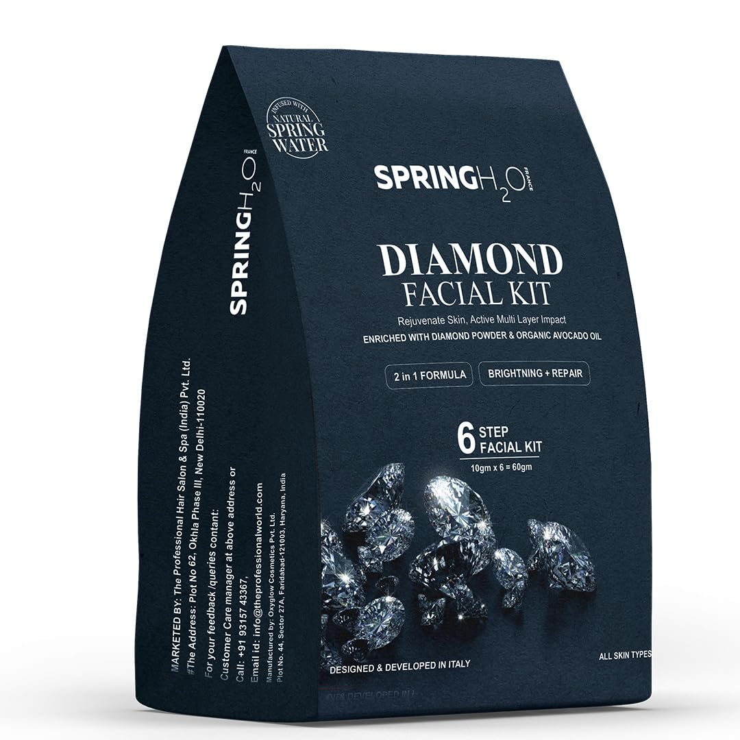 SPRING H2O Diamond Facial Kit 60g | 2-in-1 Brightening & Repair Formula | Enriched with Diamond Powder & Organic Avocado Oil | 6-Step Facial for Glowing Skin