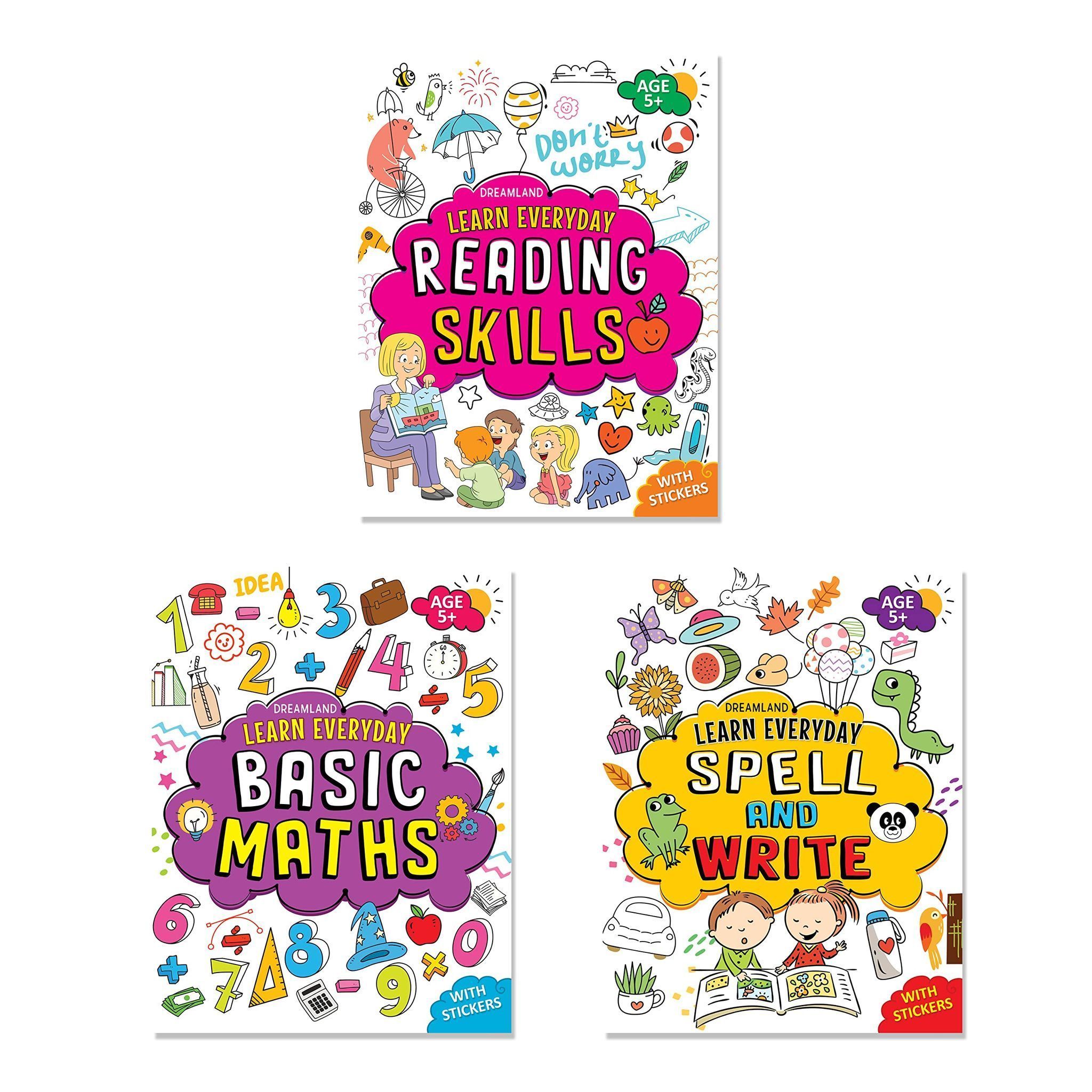 Learn Everyday Books Pack Age 5+ - A Set of 3 Books - Reading Skills, Spell and Write, Basic Maths Dreamland Publications