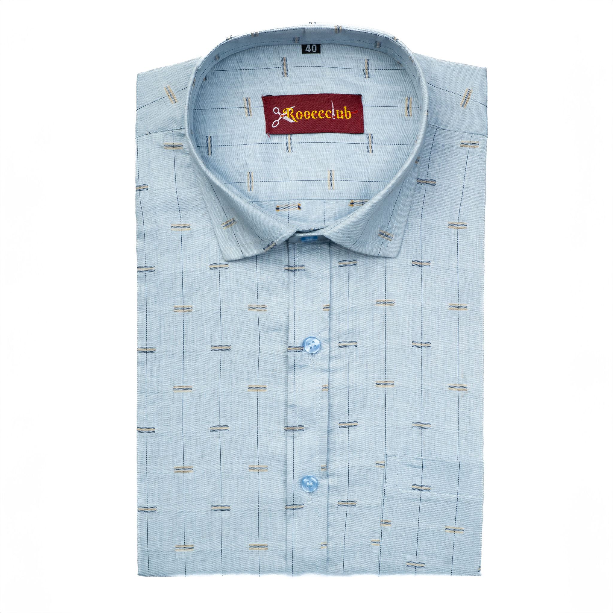 Satin Blue Color Lining Butta Cotton Shirts-M (38 Inch) (98 CM) / Full
