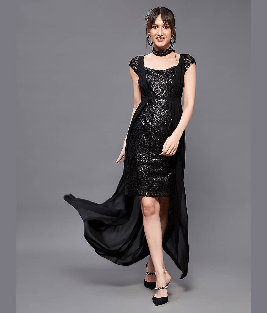 Miss Chase Women Georgette Embellished Fit & Flare Dress ( Black )