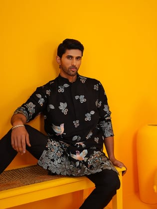 Men's Cotton Silk MultiColored Resham Embroidered Black Kurta and Trouser-38
