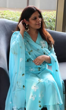 Cotton Ocean Blue Handbrush Suit Set with Chiffon Handpainted Dupatta-XXS
