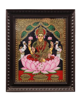 Goddess Gajalakshmi Seated on Lotus Traditional Tanjore Painting By Authentic Handcrafted Method (Size 12x10)