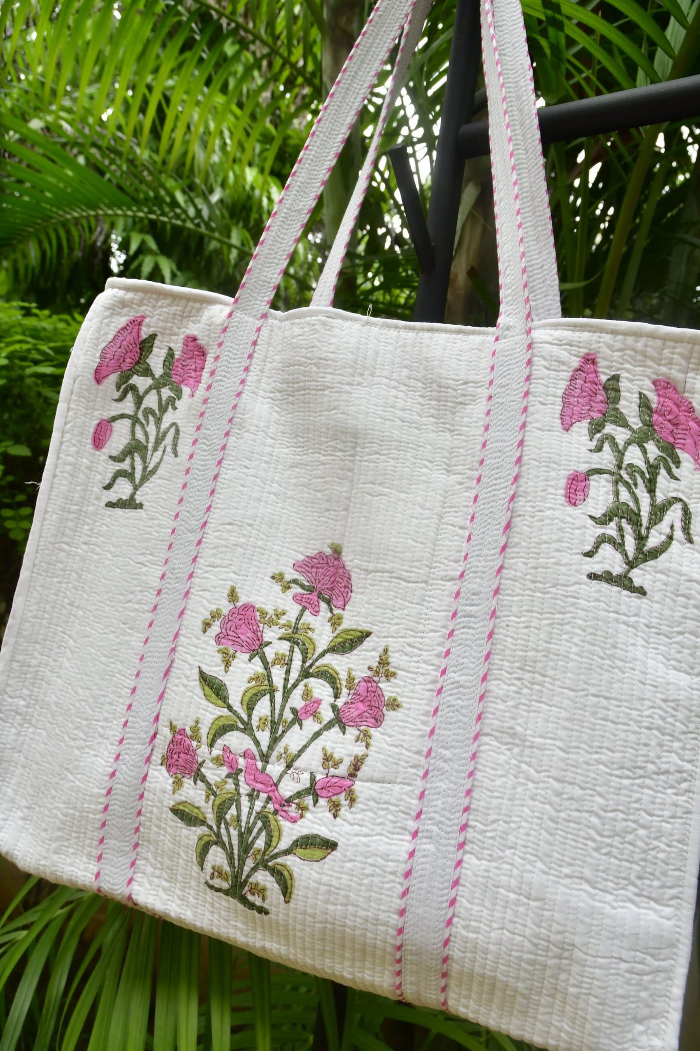 Pink Buta Zipper Tote Bag: Hand-Blocked Beauty