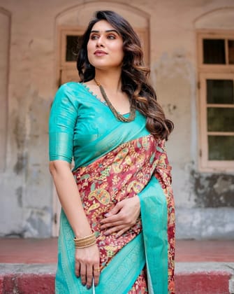 Maroon and Teal Paisley Design Banarasi Silk Saree with Zari Weave and Tassel-Embellished Pallu-Regular