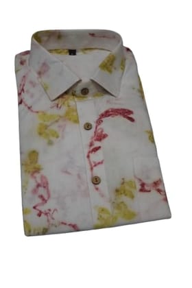 TULIP Traditional Artisians' Upliftment Livelihood Program White Floral Print Shirt, Yellow and Pink Pattern, Collared Formal Casual Wear