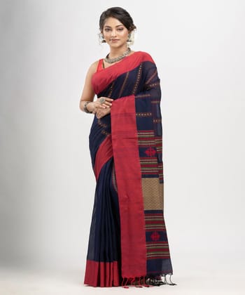 Navy blue red multicolor cotton jacquard handloom saree