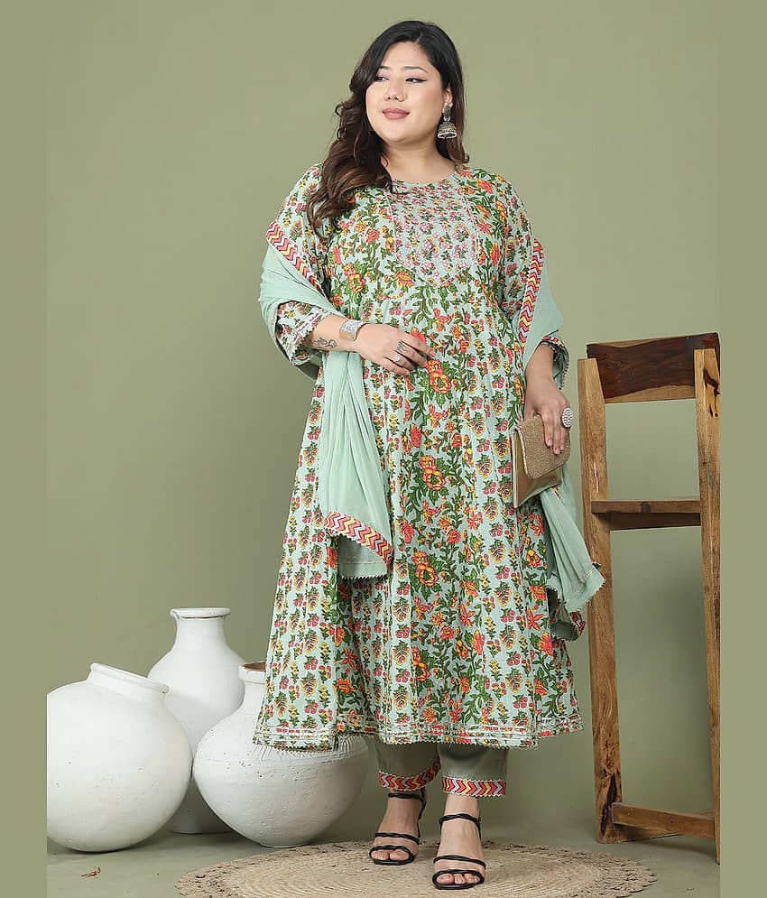 Rajnandini Women Cotton Printed Anarkali Kurti With Pants ( Green )