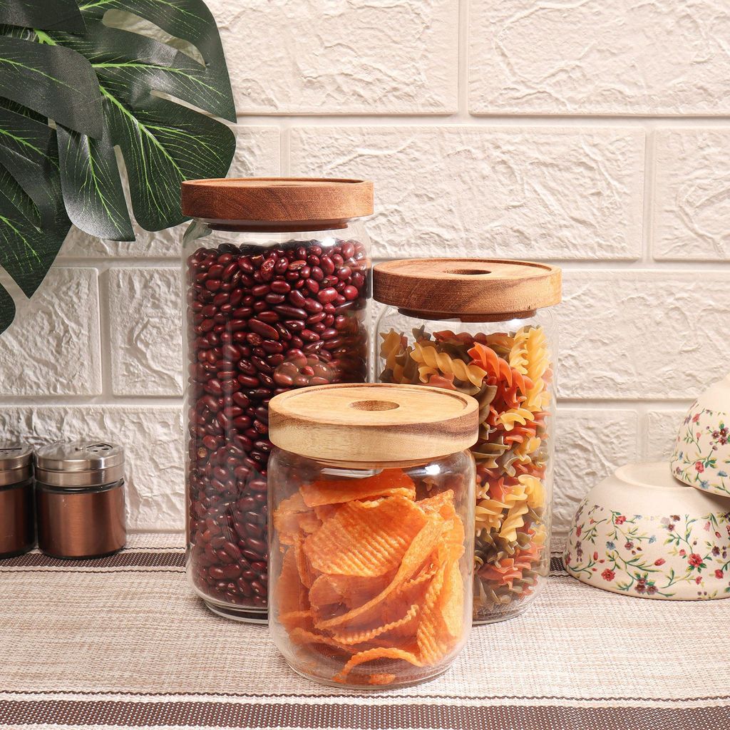 Femora Borosilicate Glass Jar with Bamboo Lid Air-Tight Jar, 450 ML, 2pcs,
