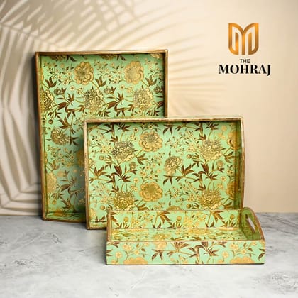 The Mohraj Green Floral MDF Trays with Curved Handles Set of 3 The Mohraj Green Floral MDF Trays with Curved Handles Set of 3