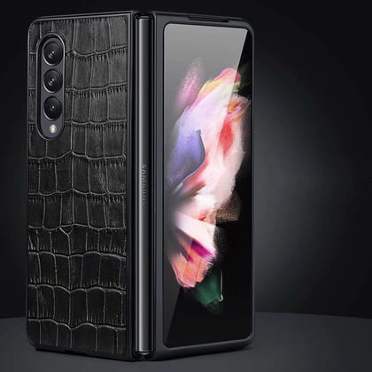 Jet Black Croco Pattern Leather Luxury Case-Samsung Galaxy Z Fold 4 / Black