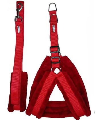Petshop7 Fur Padded  Nylon Dog Harness  &  Dog Leash  Large (Chest Size - 29-35inch) Red