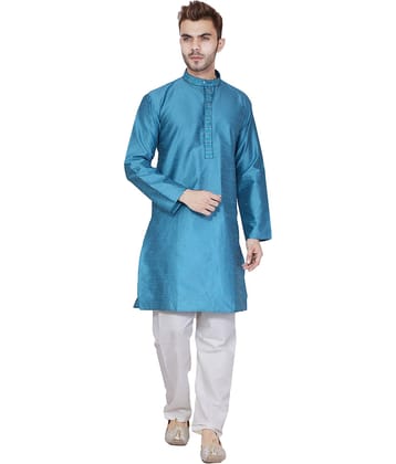 SKAVIJ Turquoise Silk Blend Kurta Pyjama Set