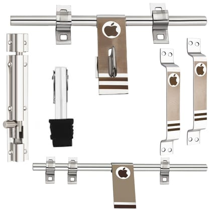 BUCKLER Stainless Steel Premium Door Kit (Pack of 6) - 10-Inch Aldrop, Latch, 2 Handles, Tower Bolt & Stopper - Glossy Finish with Designer Brown Chevron Inlay (SSDKAPP)