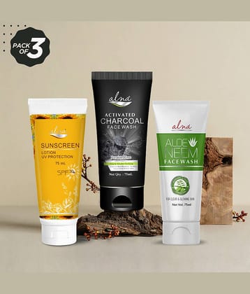 Alna Sunscreen Lotion SPF 30+ with Charcoal Face Wash & Neem Face Wash 75ml Each , Pack of 3