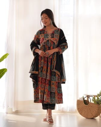 BLACK MUSLIN EMBROIDERY WORK KURTI PANT WITH FANCY DUPATTA-S