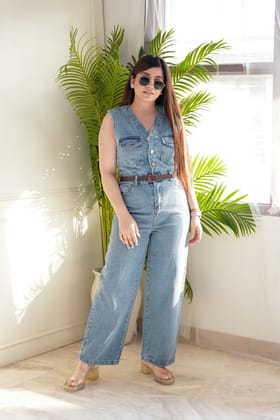 Ariana Light Blue Denim Jumpsuit with Belt-M / Black