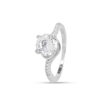 Elegant Solitaire Crystal Ring with Side Accents | Silver-Toned Engagement Ring for Women