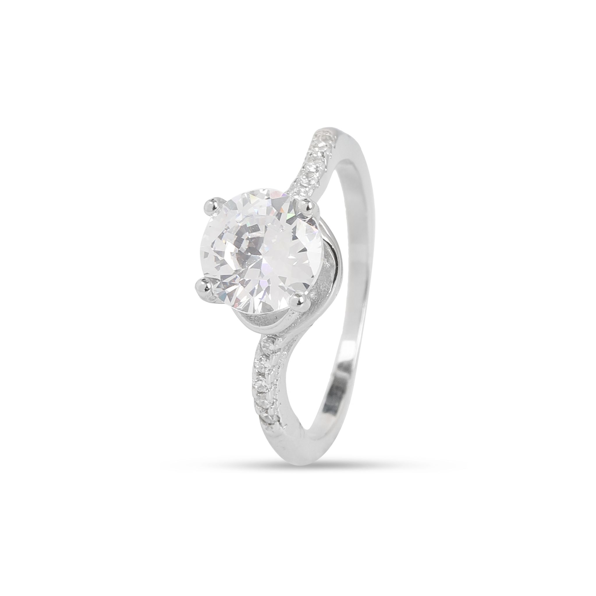 Elegant Solitaire Crystal Ring with Side Accents | Silver-Toned Engagement Ring for Women
