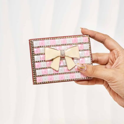 White Ribbon Crystal Wallet / Card Holder-Pink
