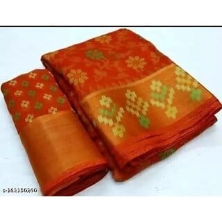 Orange Colour Cotton Printed Saree With Blouse Piece