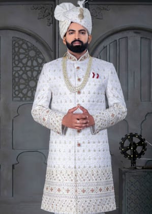 White and Maroon Designer Sherwani for Groom-S