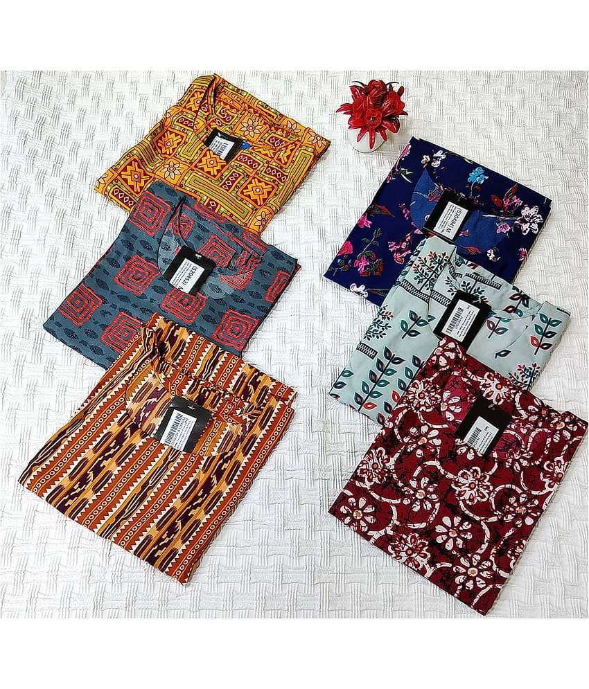 Ethnicbasket Pack of 6 Crepe Printed Straight Women's Kurti - ( Multicolor3 )