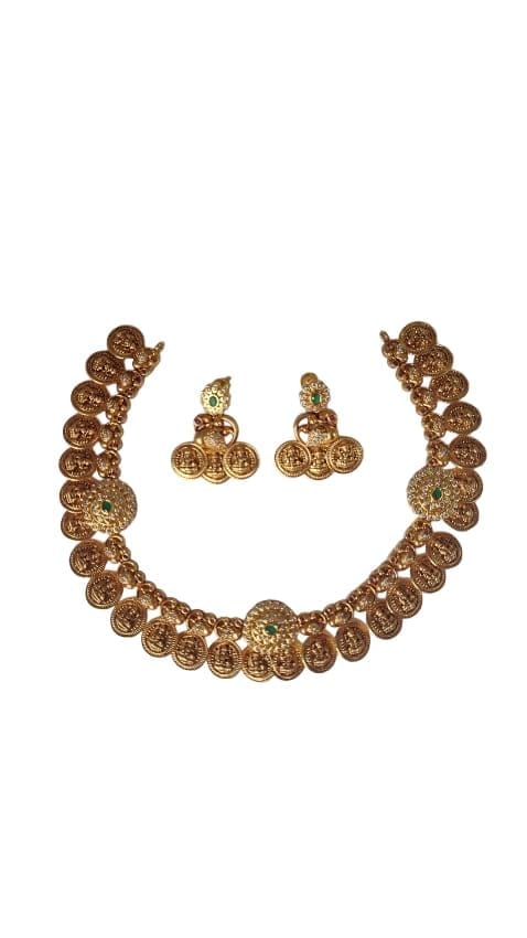 ANVAYACOLLECTIONS Traditional Temple Coin Necklace Set with Matching Earrings, Gold Tones Imitation Jewellery with Green Stone Accents, One Gram Gold