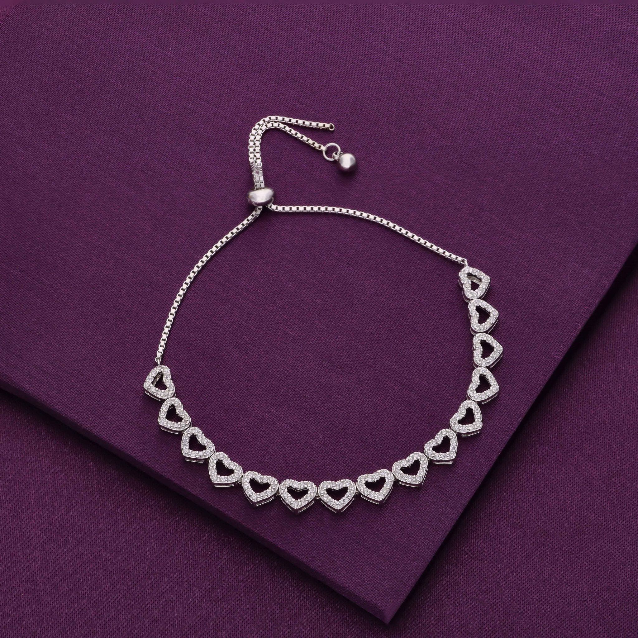 The Band of Hearts Silver Chain Bracelet-White Stone / Silver