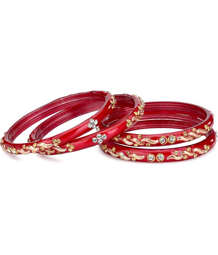 Designer Set Of 4 Bangle/ Kada For Party And Daily Use, Glass, OrnamentedRed, Gold, U02, (With Safety Cum Carry Box)