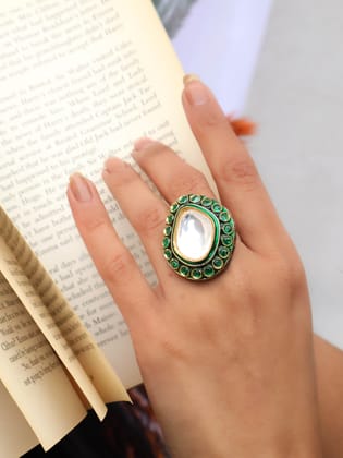 Huda Meenakari Polki Ring-Green