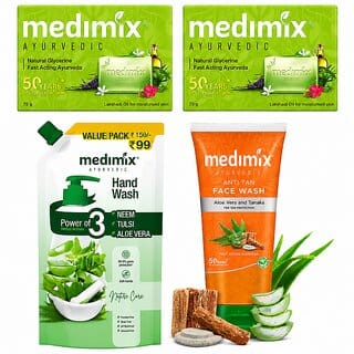 Medimix Combo  2 Natural Glycerine Soaps + Hand Wash (Neem, Tulsi  Aloe Vera, 675ml) + Anti-Tan Face Wash (1