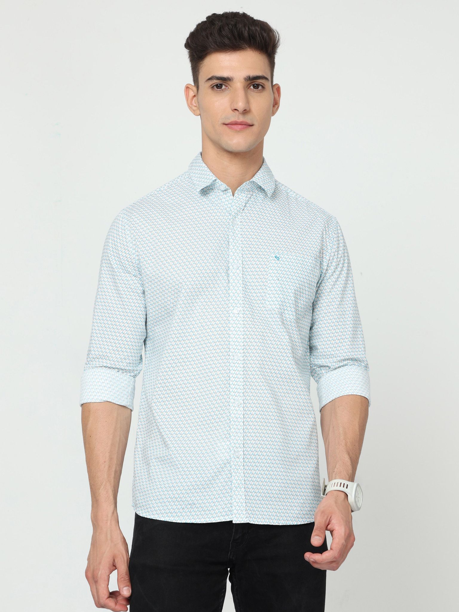 Classic Polo Men's Cotton Full Sleeve Printed Slim Fit Polo Neck Light Blue Color Woven Shirt | So1-147 B