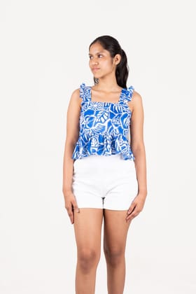 Blue Cotton Printed Top-XS