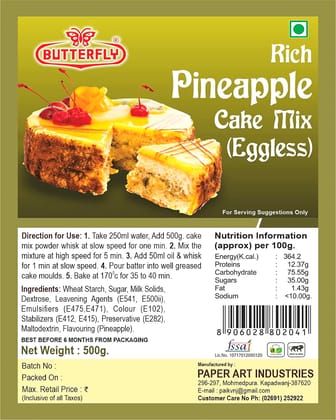 BUTTERFLY Eggless Cake Mix 500g (Pineapple) by Butterfly Dessert Mixes and Bakery Needs. BUTTERFLY Eggless Cake Mix 500g (Pineapple) by Butterfly Dessert Mixes and Bakery Needs.