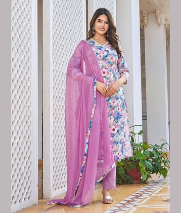 VIBEVISION Cotton Blend Printed Kurti With Pants Women's Stitched Salwar Suit - Purple ( Pack of 1 )