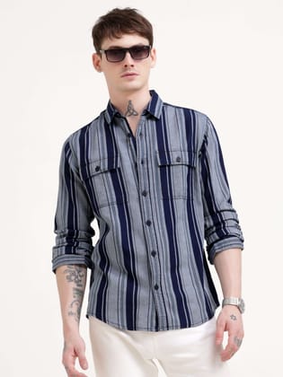 Midnight Navy & Grey Stripes Shirt-S / Grey